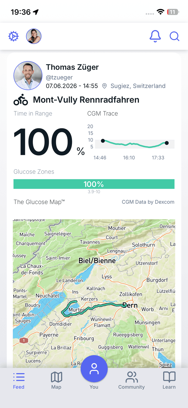 Enhance-d app feed post from Maya Collins: a morning walk for coffee in New Orleans, 100% time in range, with the route drawn on the Glucose Map