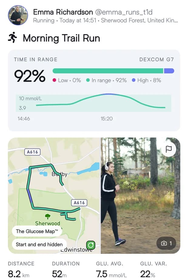 A Morning Trail Run at 92% time in range, with the route drawn on the Glucose Map beside a photo from the run