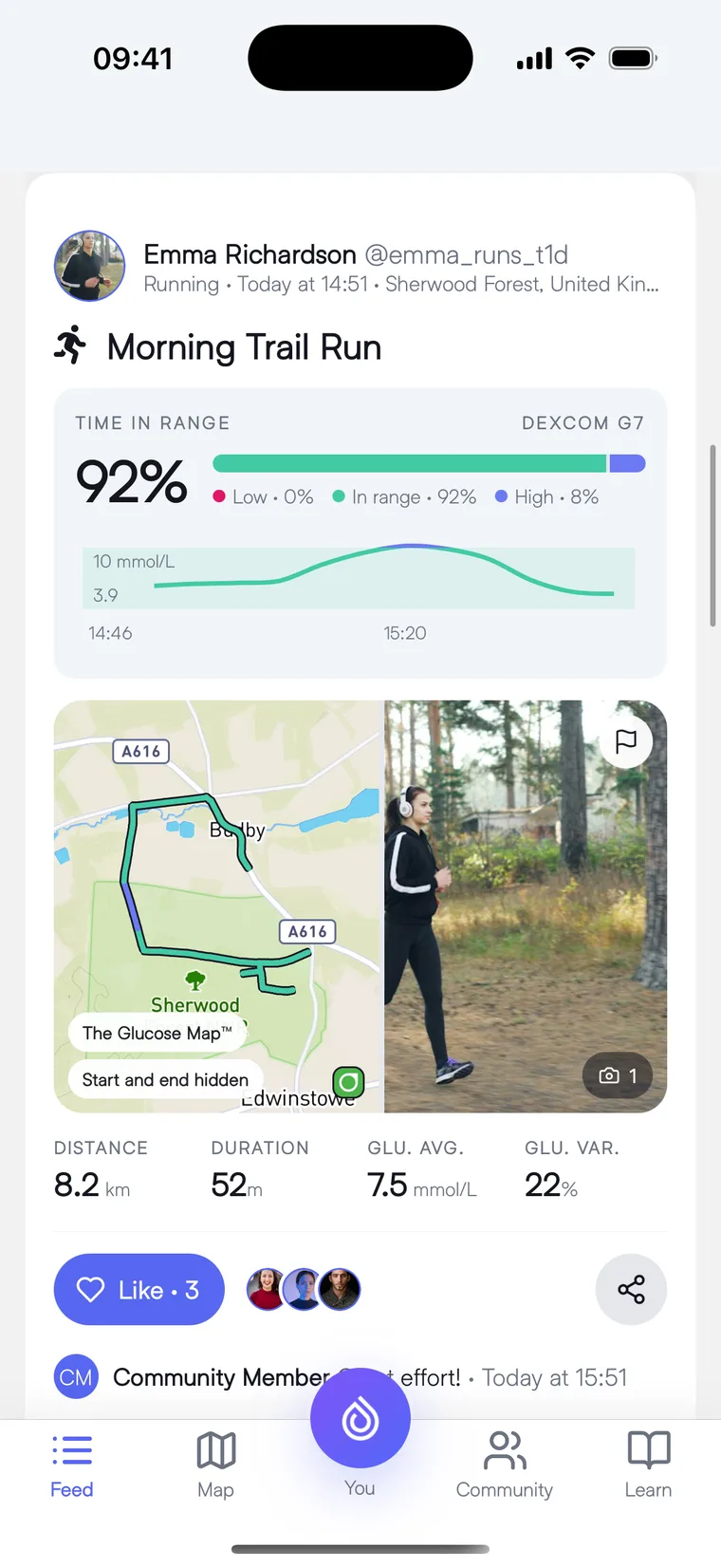 An Enhance-d feed post: Morning Trail Run at 92% time in range, with the route drawn on the Glucose Map beside a photo from the run